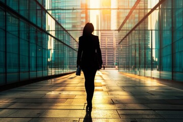 Fototapeta premium Silhouette of a Businesswoman Walking in a Modern Urban Setting