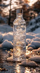 Water Bottle with Ice on a Snowy Background