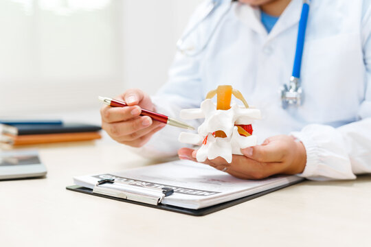 A doctor uses an anatomical lumbar disc herniation model to explain spinal health, treatment options, and pain management to a patient in a medical clinic.