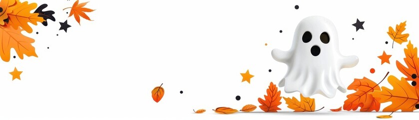 Obraz premium Simplistic banner with a single floating ghost shape, lightly decorated with autumn leaves and stars