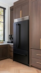 Fototapeta premium A contemporary kitchen showcases a black refrigerator and various stylish appliances set against a minimalist design with wooden cabinetry and large windows