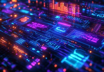 A complex data visualization in a cyberpunk style, featuring interconnected blue and purple circuits, abstract data waves, and a high tech atmosphere