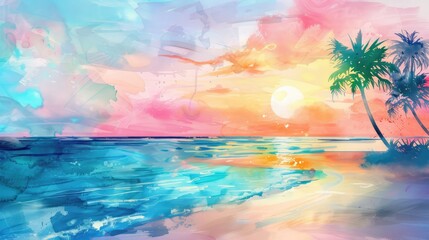 Tropical beach. Watercolor painting.