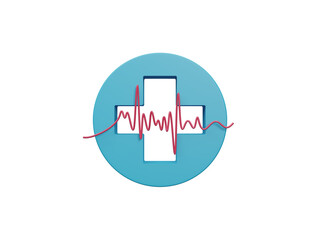 Cross and pulse icon on transparent background, early diagnosis, health care concept. Health insurance service. Ecg symbol, heart rate, pulse, electrocardiogram. 3d rendering illustration