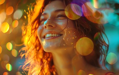 Highdefinition image of a happy person, smiling with joy, vibrant and cheerful atmosphere, clear and engaging expression