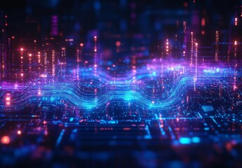 Obraz premium A complex data visualization in a cyberpunk style, featuring interconnected blue and purple circuits, abstract data waves, and a high tech atmosphere