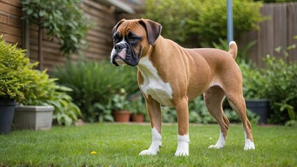 Obraz premium Fawn boxer dog in the garden