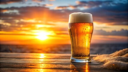 Golden Hour Pint: A Frothy Beer in the Setting Sun  Generative AI