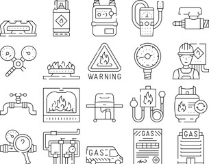 Fototapeta premium gas energy oil power pipeline icons set vector. blue fuel, industry pipe, plant station, flame petrol, refinery production, stove gas energy oil power pipeline black contour illustrations