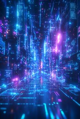 Obraz premium A complex data visualization in a cyberpunk style, featuring interconnected blue and purple circuits, abstract data waves, and a high tech atmosphere