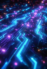Obraz premium A cyberpunk inspired data visualization featuring glowing blue and purple circuits interwoven with dynamic abstract data flow, creating a high tech aesthetic