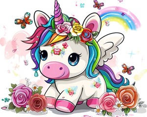 Cartoon Unicorn with Rainbow Mane and Flowers