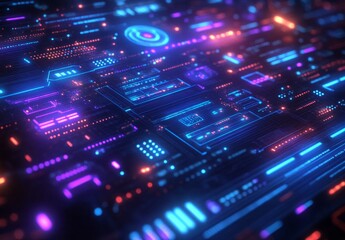 Fototapeta premium A high tech cyberpunk data dashboard with glowing blue and purple circuits, intricate data nodes, and pulsating abstract data streams