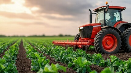 Fototapeta premium A vibrant field with a red tractor cultivating lush green crops under a dramatic sky, showcasing modern agricultural practices.