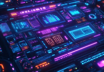 Obraz premium A high tech cyberpunk data dashboard with glowing blue and purple circuits, intricate data nodes, and pulsating abstract data streams