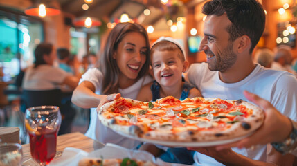 Mom, dad and daughter are eating together pizza at pizzeria. Happy family eating pizza at...