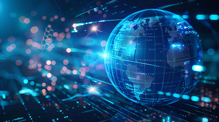 Obraz premium digital technology world web globe concept, fiber optics background with lots of light spots