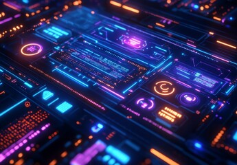 Fototapeta premium A high tech cyberpunk data dashboard with glowing blue and purple circuits, intricate data nodes, and pulsating abstract data streams