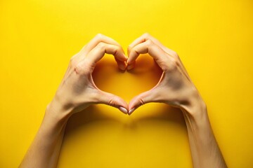 Delicate fingers form a heart shape against a bright yellow background, conveying love, minimalism, and modernity in a stylized, elegant, and visually striking composition.