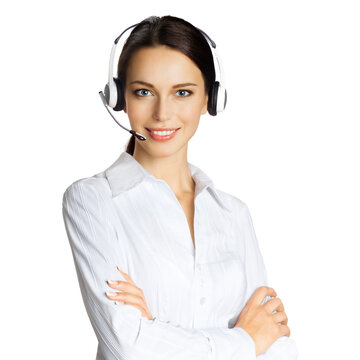 Call center help line service. Studio portrait image of customer support phone sales operator in headset, isolated over white background. Happy smiling young business woman. Female caller worker.