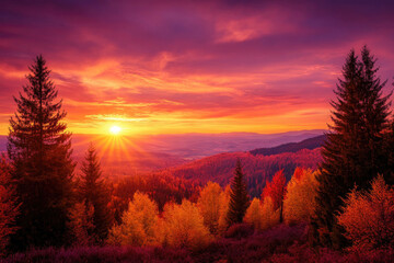 Obraz premium A breathtaking sunset over an autumn landscape.