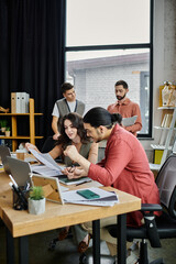 Team members engage in candid conversation in office.