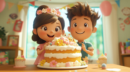 3D Cartoon of a couple celebrating Mother's Day with a cake and festive decorations and being happy