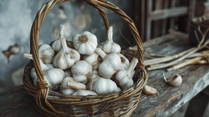 A wicker basket brimming with garlic bulbs