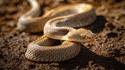 Fototapeta premium Close-up of a Snake with Forked Tongue on the Ground