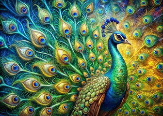 Vibrant peacock with iridescent feathers, ornate plumage, and regal demeanor poses against a swirling abstract background of blue, green, and gold digital patterns.
