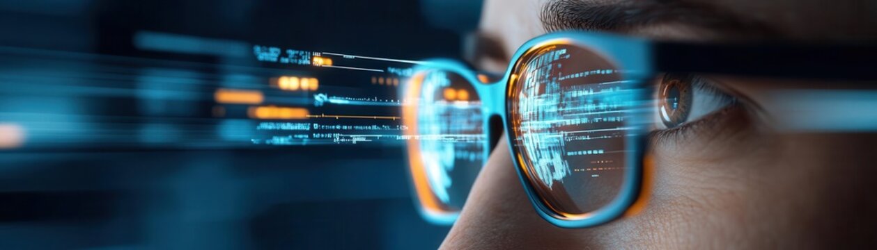 Close-up of a person wearing glasses, focused on digital data and technology, symbolizing innovation and digital transformation.