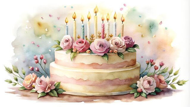 A Century of Celebration: A Watercolor Cake with 100 Candles  Generative AI