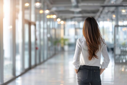 Fototapeta Business girl in a modern office with ample space for text.