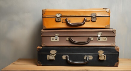 Stack of vintage suitcases on weathered wooden table, retro travel concept, copy space