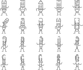 pen character pencil school icons set vector. cute funny, student kid, mascot face, fun happy, book element, study stationery pen character pencil school black contour illustrations