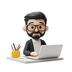 Cartoon office worker with glasses and beard using a laptop at a desk with pencils, ideal for business, educational, and promotional materials.