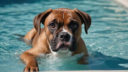 Fawn boxer dog in the swimming pool