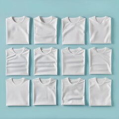 Obraz premium Multiple shirt mockup. 12 white folded t-shirt mock up. Top view of flat lay Bella Canvas 3001 mockup. Matching design, family shirts mock. Laying unisex group shirts.