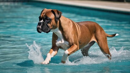 Fawn boxer dog in the swimming pool
