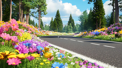 Road with pine trees and wildflowers on the side, colorful and vibrant 