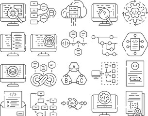 software compute, engineer icons set vector. code technology, office business, people man coder, work programmer website internet software compute, engineer black contour illustrations