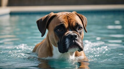 Fawn boxer dog in the swimming pool