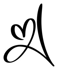 Hand drawn vector calligraphy love letter A. Script capital font logo. Handwritten brush style flourish. Vintage heart monogram. element Valentine flourish. sign for page decoration design