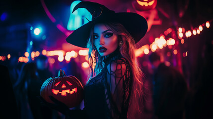 20s white woman in a witch costume holding a jack lantern at a Halloween night party. 

