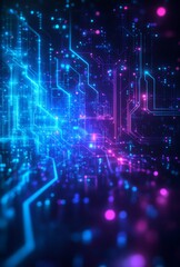 An abstract data visualization with vibrant blue and purple circuits and flowing lines of data, set against a dark, futuristic backdrop