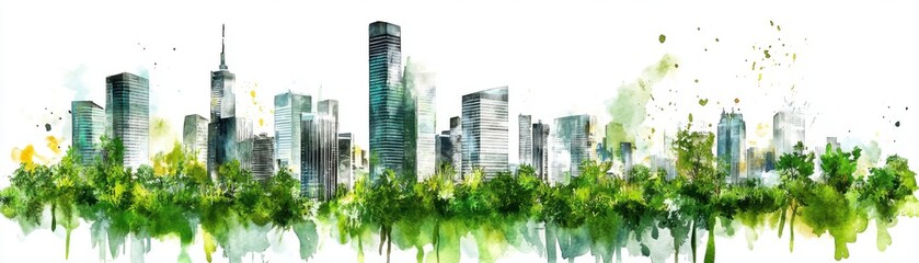 Obraz premium A vibrant watercolor illustration of a city skyline with lush greenery, symbolizing urban growth and nature coexistence.