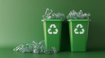 Green Recycling Bins Filled with Plastic Bottles emphasizing environmental conservation and waste management