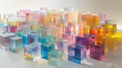 Abstract concept. Colorful glass cubes pop out of white blood cells on the floor. Rainbow colors 3d illustration.