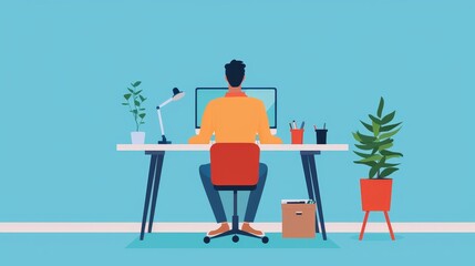 Man tidying up a home office, desk neatly organized