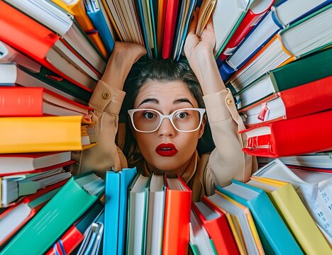 photo of an office worker who is over combover, looking at the camera with white glasses and red lipstick on her lips while she&rsquo;s sitting in between lots colorful books and work files.